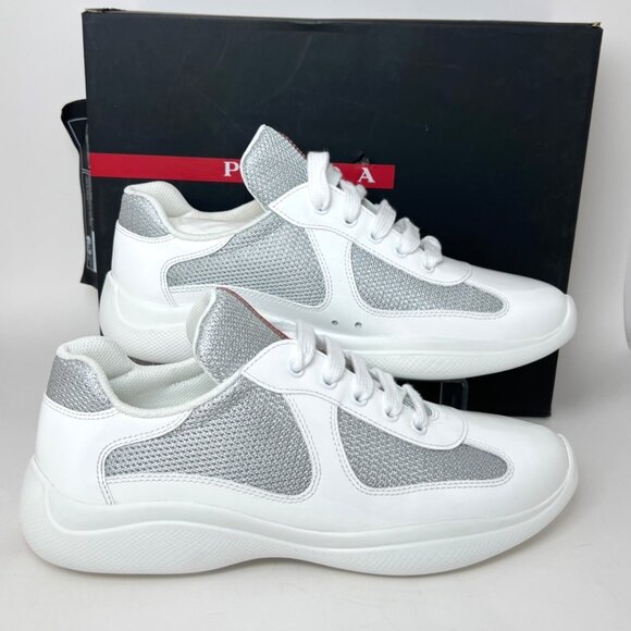 Prada Americas Cup Sneakers Women Bianco Argento Patent Leather Sneakers Size 40 - Picture 3 of 13